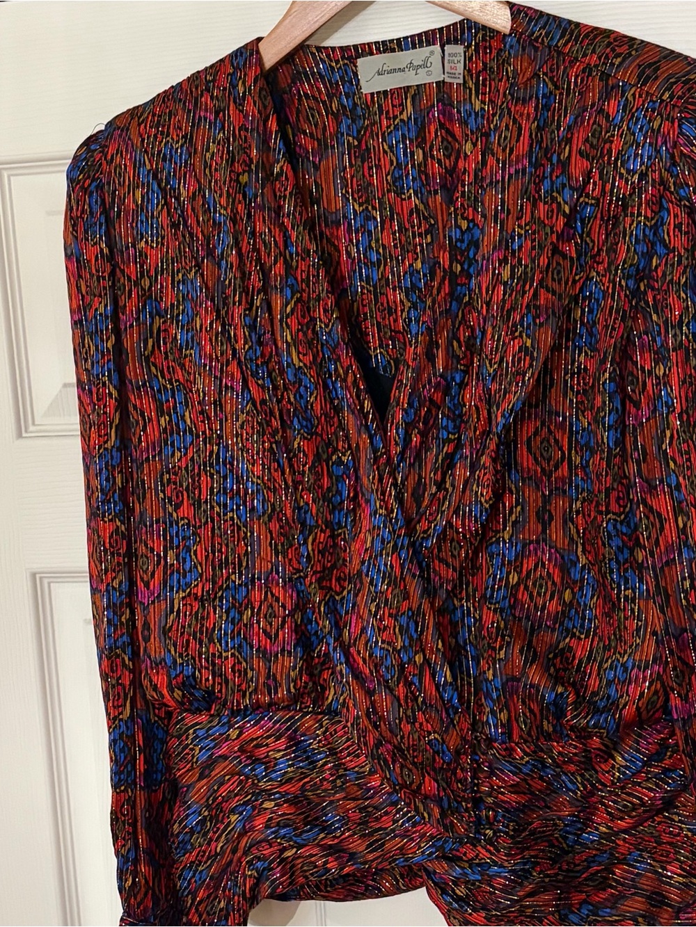 Adrianna Papell 100% Silk Printed Blouse with Gold Accents VTG 14 MOD med